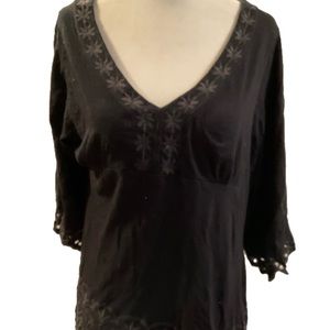 “BCBG” Black Embroidered and Open Work  3/4 Wide Sleeves Peasant Style Top.